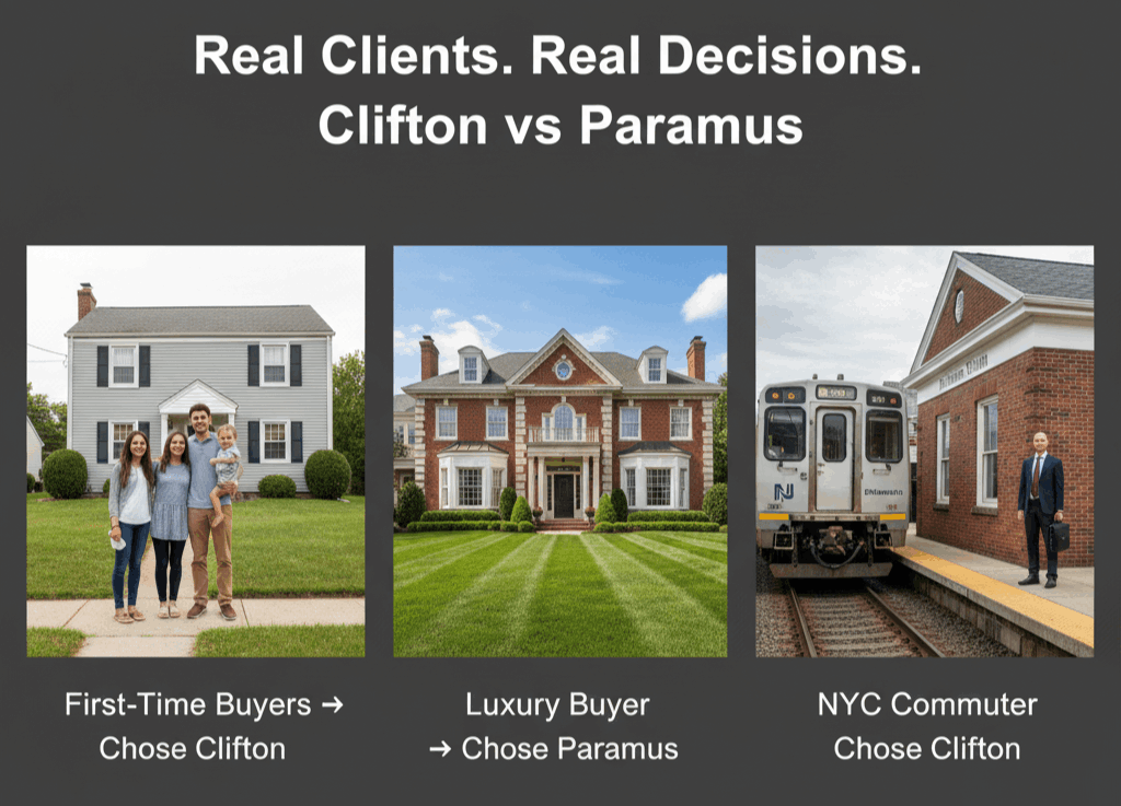 Three-panel image showing a young family choosing a Clifton home, a luxury buyer choosing a Paramus property, and an NYC commuter at a Clifton train station, highlighting different buyer decisions between the two towns.