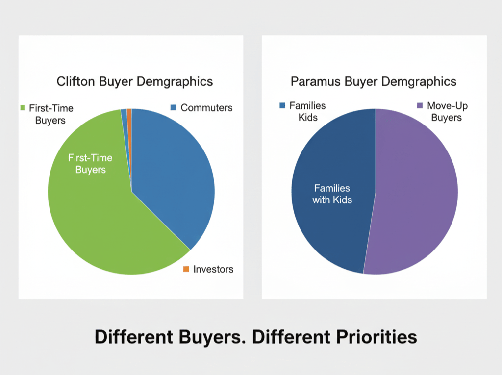 Side-by-side pie charts comparing Clifton and Paramus buyer demographics in 2025, showing Clifton dominated by first-time buyers, commuters, and investors, and Paramus dominated by families with kids and move-up buyers.