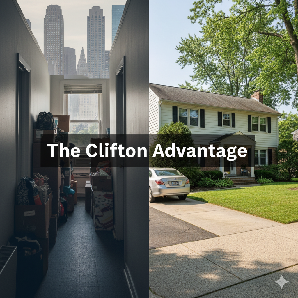 Split-screen image comparing a narrow, cluttered Manhattan apartment hallway with a spacious suburban single-family home in Clifton, New Jersey, illustrating the lifestyle upgrade known as &ldquo;The Clifton Advantage.
