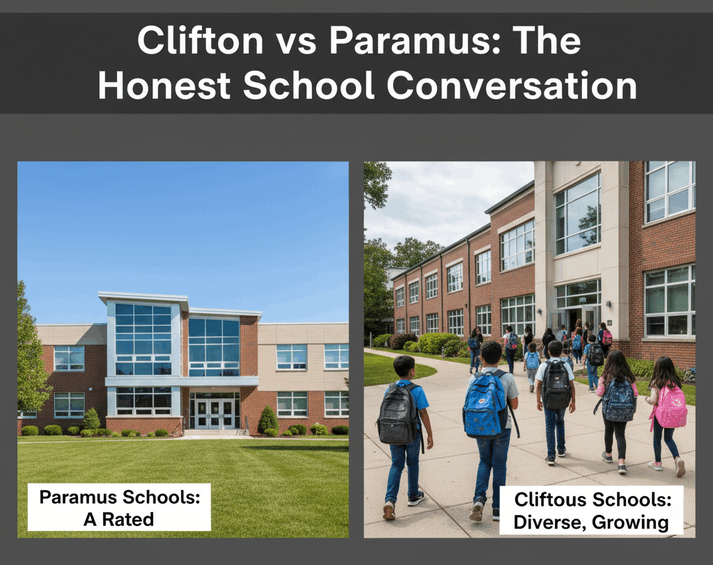 Side-by-side comparison of Paramus and Clifton public schools showing an A-rated Paramus school building and diverse Clifton students entering school, highlighting differences between the two districts.