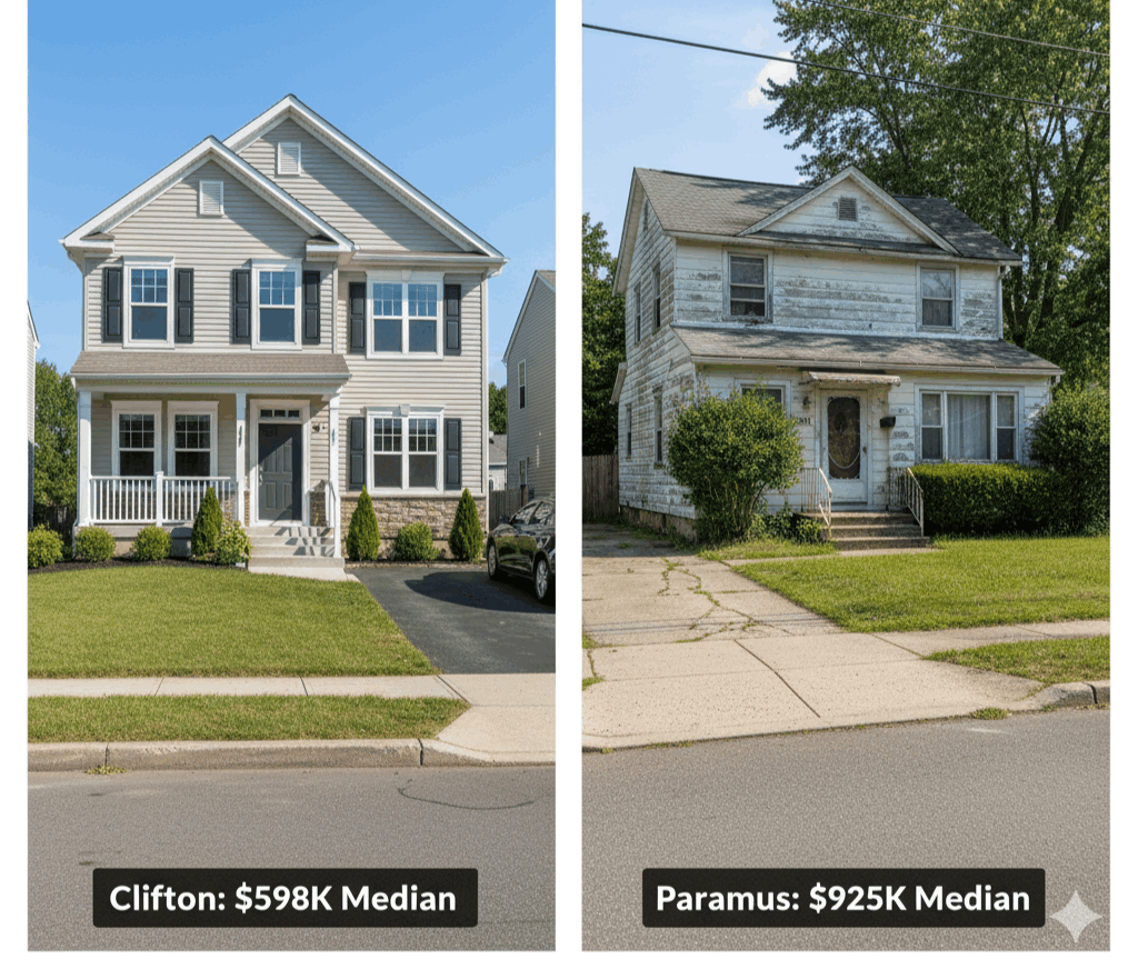 Side-by-side comparison showing a modern, updated single-family home in Clifton, New Jersey with a $598K median price next to an older, worn single-family home in Paramus, New Jersey with a $925K median price, highlighting the affordability gap between the two towns.