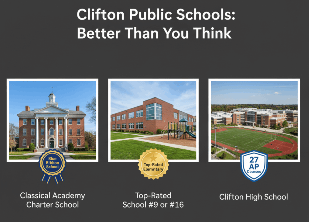 Graphic highlighting top Clifton public schools, featuring Classical Academy Charter School, top-rated Elementary Schools #9 or #16, and Clifton High School with 27 AP courses.