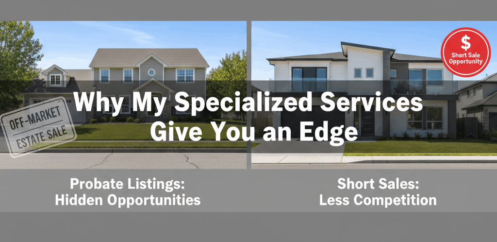 Split graphic comparing two homes illustrating off-market probate listings and short sale opportunities with headline &ldquo;Why My Specialized Services Give You an Edge,&rdquo; highlighting hidden opportunities and less competition for Clifton NJ buyers.