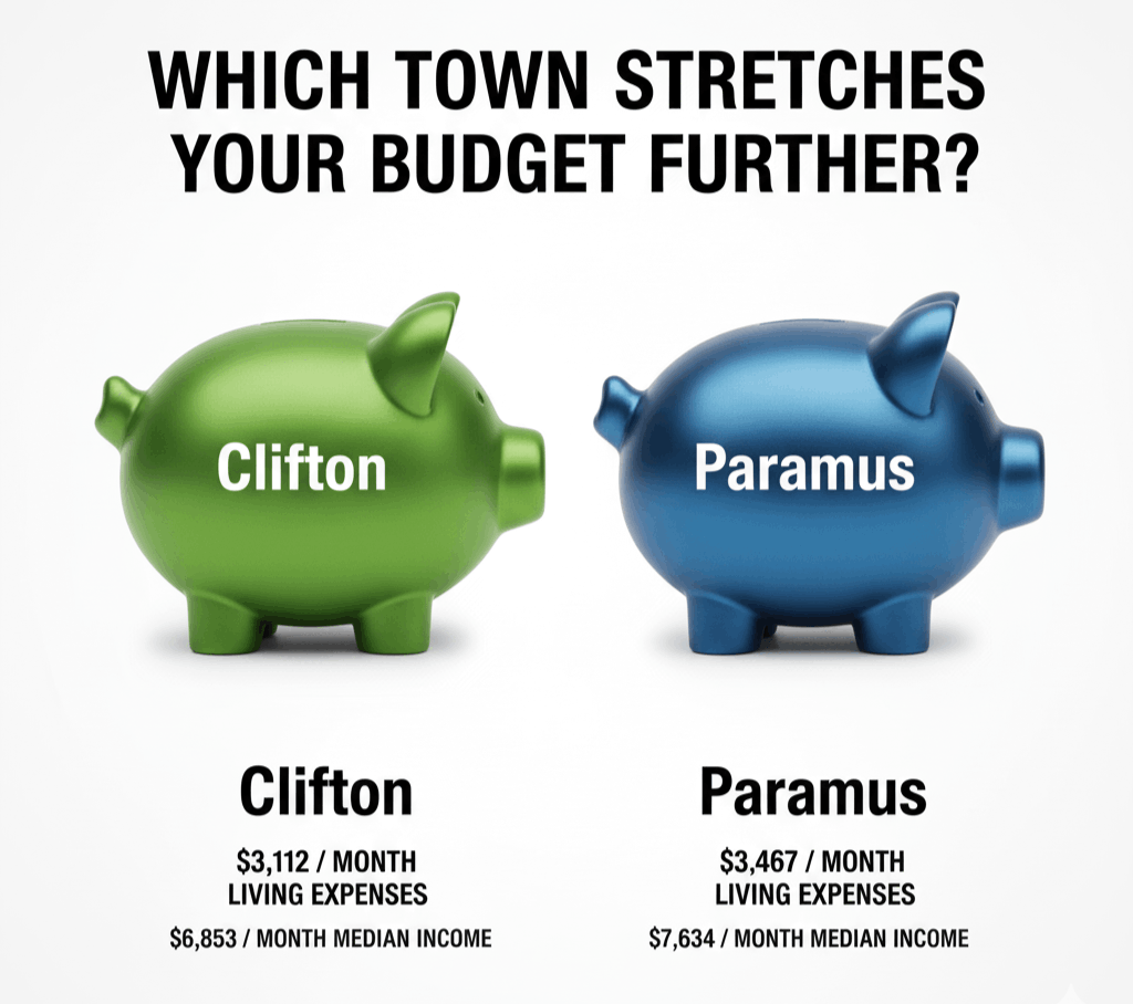 Side by side graphic comparing Clifton and Paramus cost of living, featuring green and blue piggy banks labeled with each town and showing monthly living expenses and median income differences.