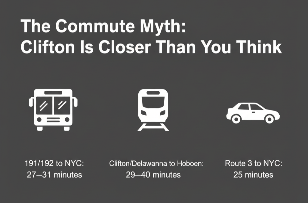 Graphic showing bus, train, and car icons with commute times from Clifton to NYC, highlighting that Clifton offers fast transit options and comparable commute times to Paramus.