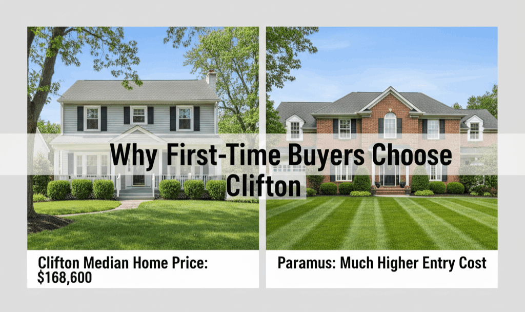 Side-by-side comparison of a Clifton starter home and a more expensive Paramus home with text highlighting Clifton&rsquo;s lower median home price and first-time buyer appeal.