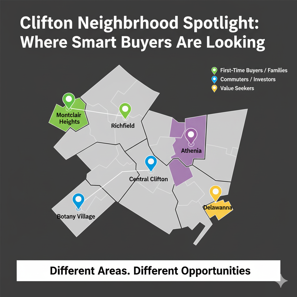 Map of Clifton, NJ highlighting key neighborhoods for buyers including Montclair Heights, Richfield, Athenia, Central Clifton, Botany Village, and Delawanna, showing where first-time buyers, commuters, investors, and value seekers are focusing.