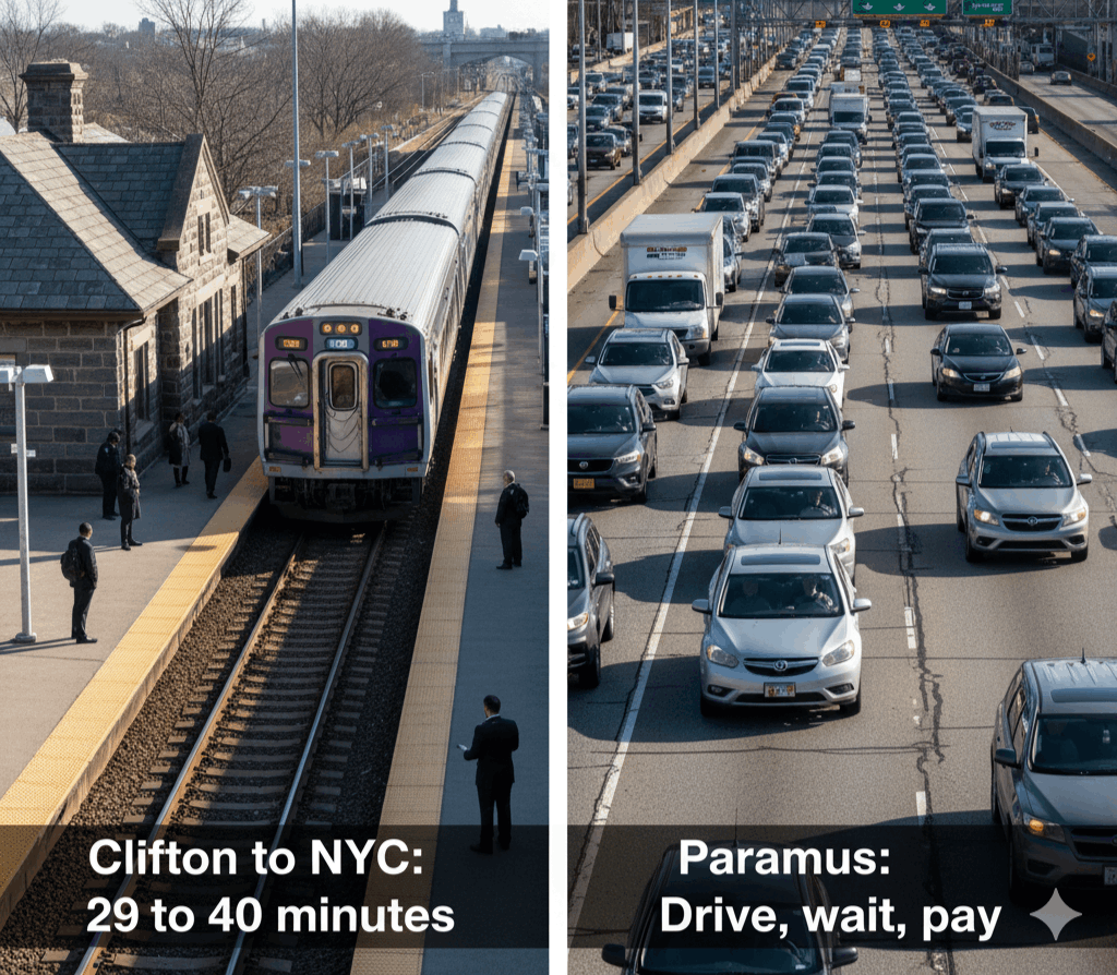 Split-screen comparison showing a Clifton NJ Transit train station with commuters and a train heading to New York City alongside heavy traffic on a major highway representing the Paramus commute, highlighting the difference between Clifton&rsquo;s 29 to 40 minute train ride and Paramus residents needing to drive, wait, and pay.