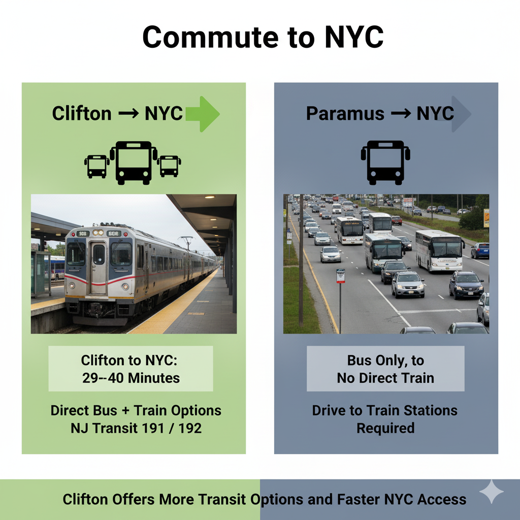 Side by side comparison graphic showing Clifton’s faster NYC commute with train and bus options versus Paramus’s bus only commute with heavier traffic, highlighting Clifton’s quicker and more flexible transit access.