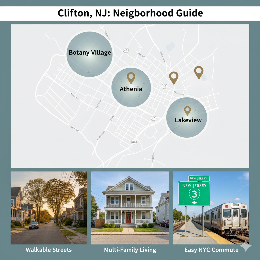 Map of Clifton NJ highlighting Botany Village, Athenia, and Lakeview with photos showing walkable streets, multi family homes, and easy commute routes for affordable rentals.