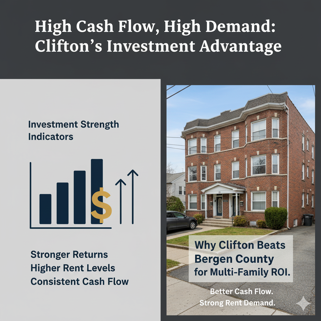 Three panel graphic showing Clifton NJ multi family properties including a duplex, a triplex, and an illustration of strong cash flow potential for real estate investors.