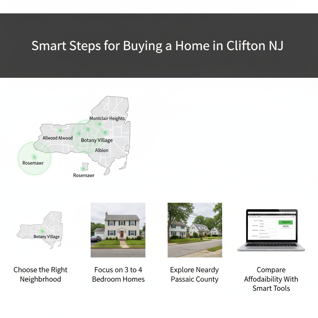 Infographic showing smart steps for buying a home in Clifton NJ with a neighborhood map, single family home examples, nearby Passaic County options, and a mortgage calculator for comparing affordability.