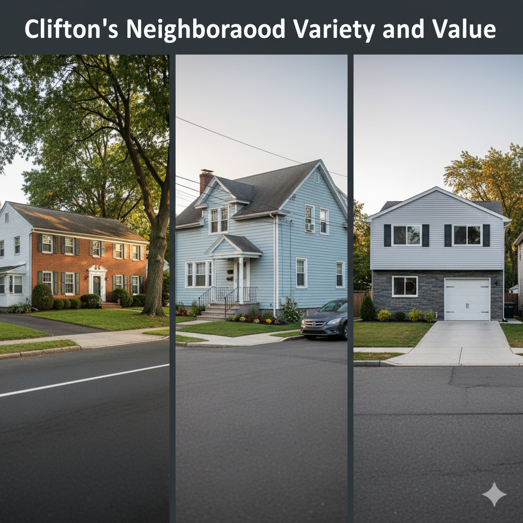 Three Clifton NJ single family homes showing different neighborhood styles and property values, highlighting colonial, Cape Cod, and modern home options.