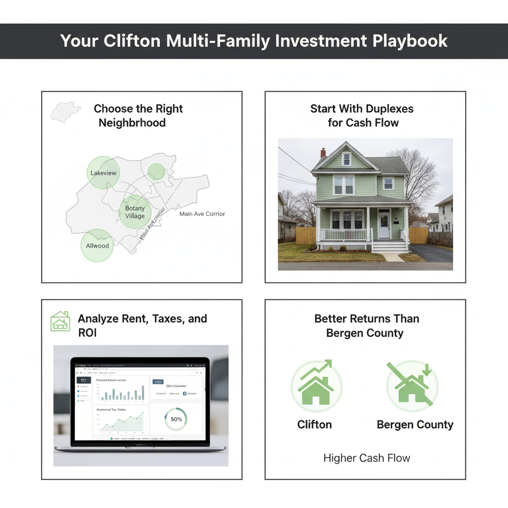 Infographic showing Clifton NJ multi family investment best practices including a neighborhood map, duplex photo for cash flow, ROI analysis tools, and a comparison showing Clifton offers higher returns than Bergen County.