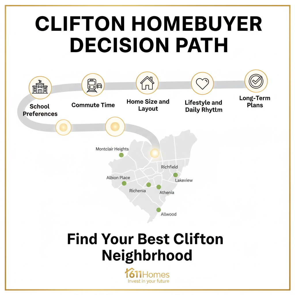 Clifton NJ homebuyer decision path graphic showing key factors like schools, commute, lifestyle, home layout, and long-term plans with a simplified Clifton neighborhood map.