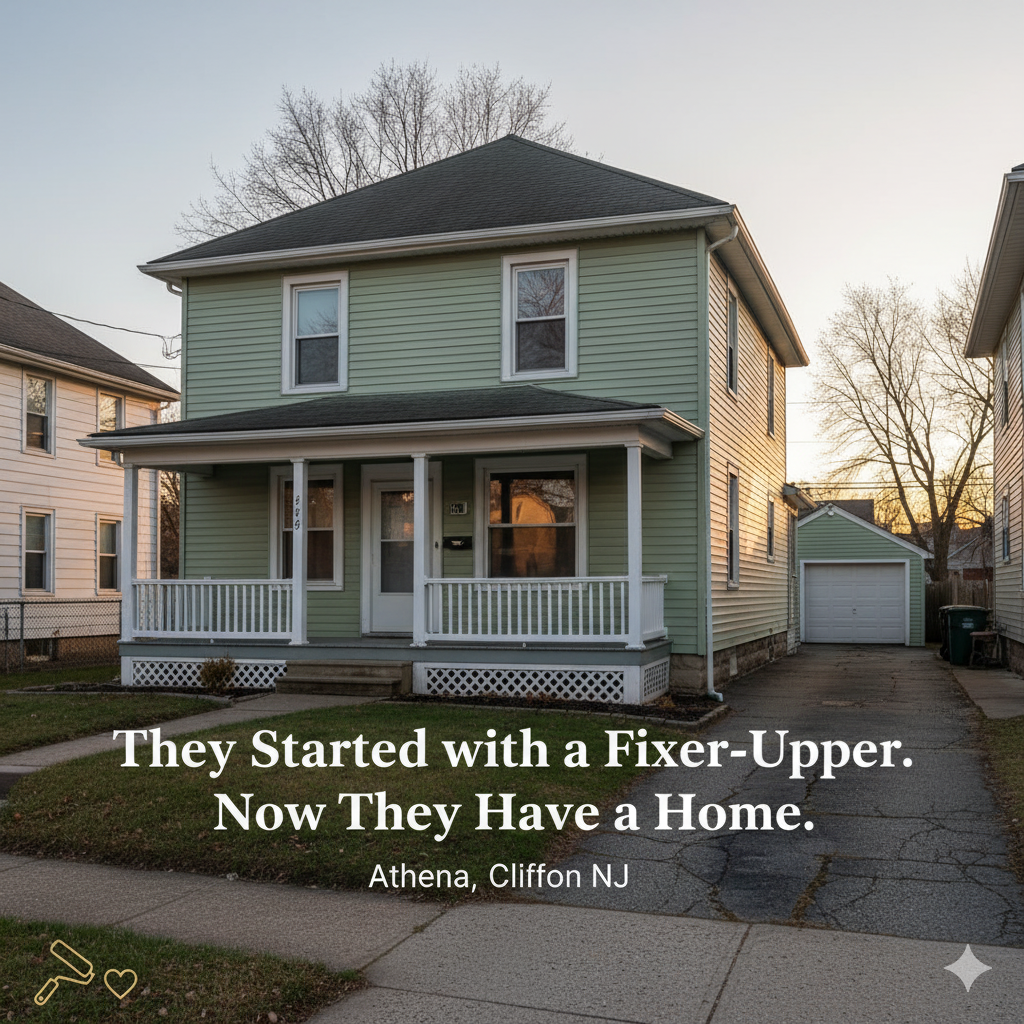 Athenia Clifton NJ fixer-upper home purchased by first-time buyers, showing a starter property with renovation potential and a success message.