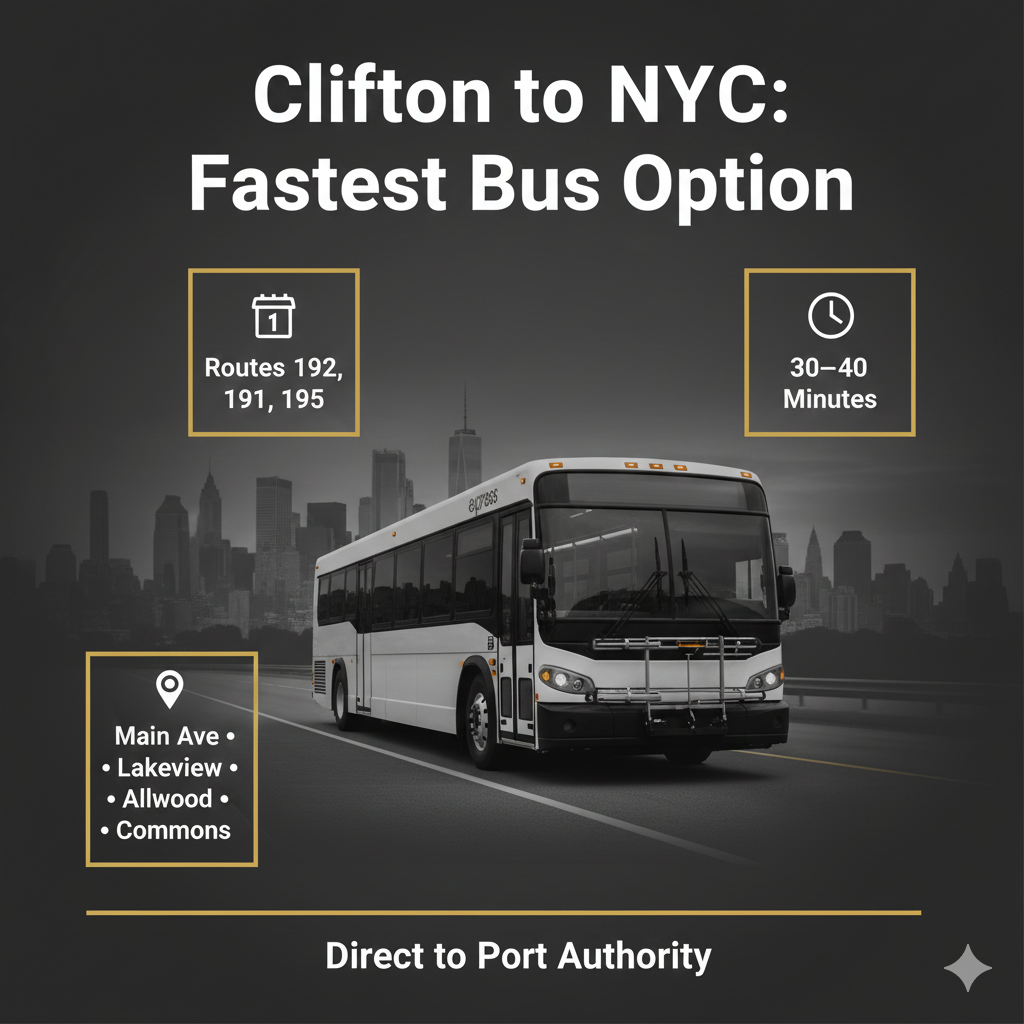 Infographic showing Clifton NJ to NYC fastest bus commute, featuring a NJ Transit style bus with Manhattan skyline in the background, highlighting routes 192, 191, and 195, travel time of 30 to 40 minutes, and major pickup points including Main Avenue, Lakeview, Allwood, and Clifton Commons, with a Direct to Port Authority note.