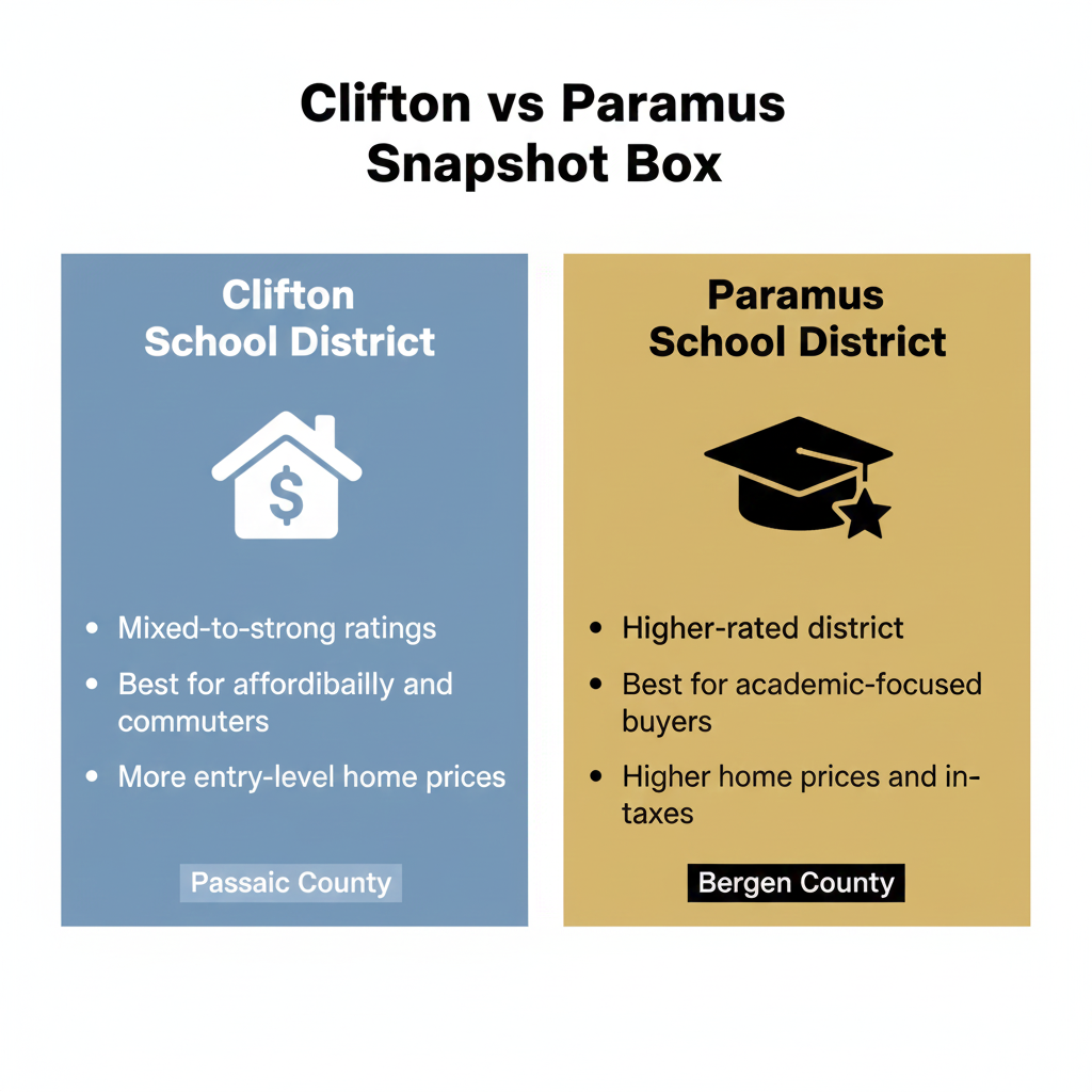 Clifton vs Paramus school district comparison showing Clifton&rsquo;s affordability and mixed-to-strong ratings versus Paramus&rsquo;s higher-rated schools and higher home price expectations.