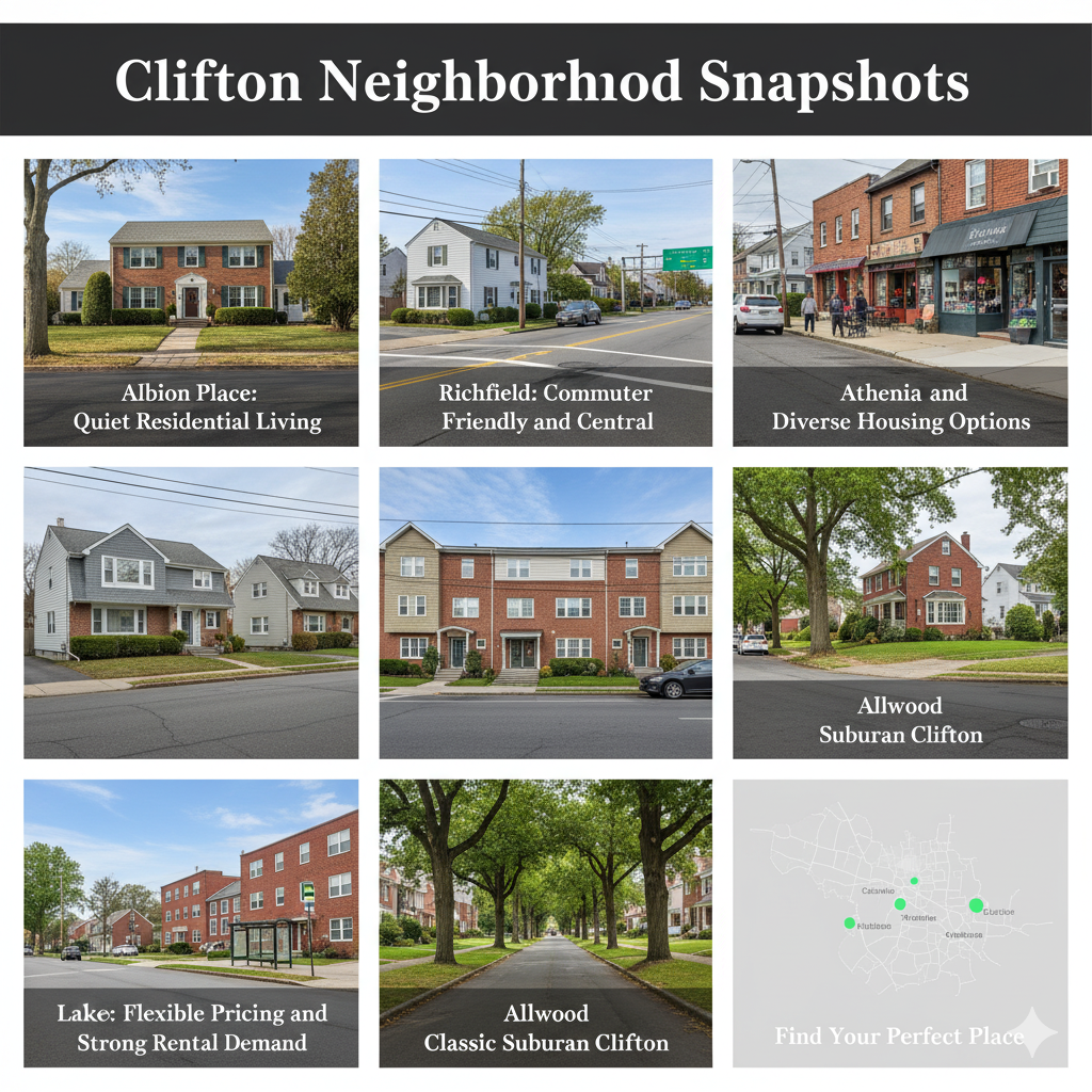 Clifton NJ real estate neighborhoods collage featuring Albion Place, Richfield, Athenia, Lakeview, and Allwood showcasing quiet streets, commuter routes, diverse housing, and suburban living.