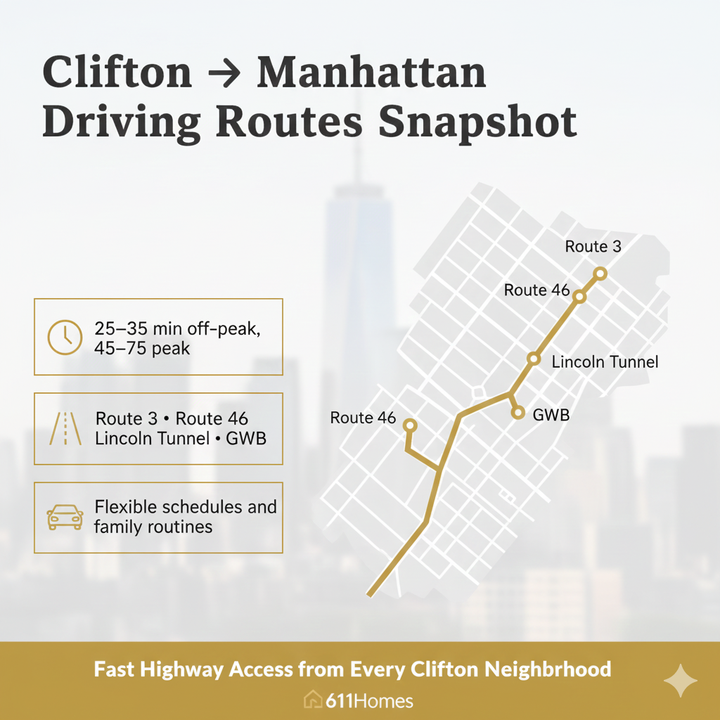 Map-style infographic of driving routes from Clifton NJ to Manhattan showing Route 3, Route 46, Lincoln Tunnel, and GWB, with commute times and flexibility notes.