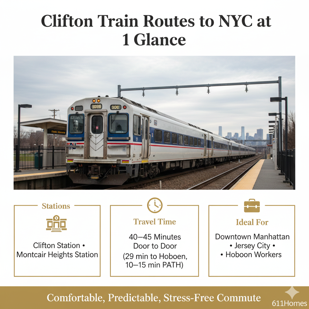 Infographic showing Clifton NJ train routes to NYC with NJ Transit train at station, highlighting Clifton Station and Montclair Heights Station, 40 to 45 minute commute, and ideal destinations including downtown Manhattan, Jersey City, and Hoboken.