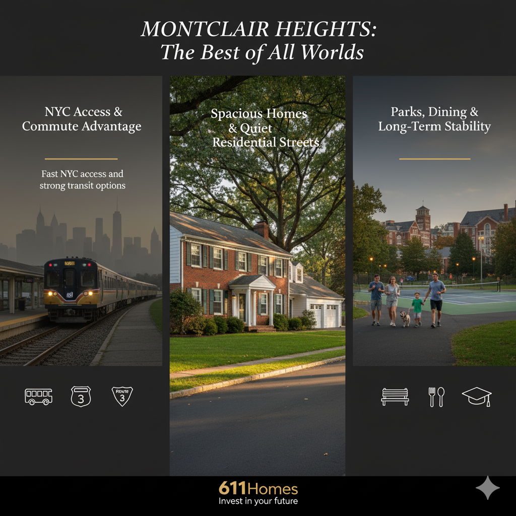 Clifton NJ real estate neighborhoods image highlighting Montclair Heights with NYC transit access, residential streets, spacious homes, parks, and local amenities.
