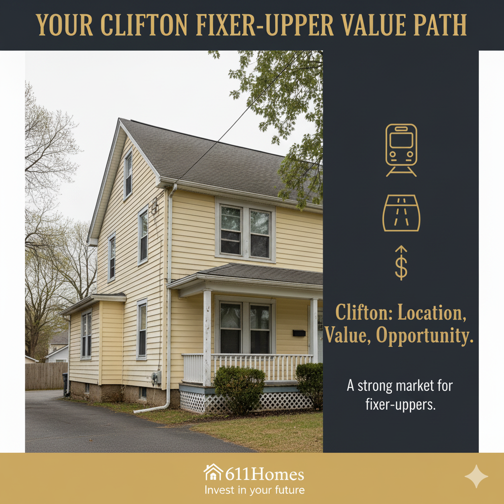 Clifton NJ fixer-upper home with icons representing transit access, highway convenience, and affordability, highlighting why Clifton is a strong market for renovation opportunities.