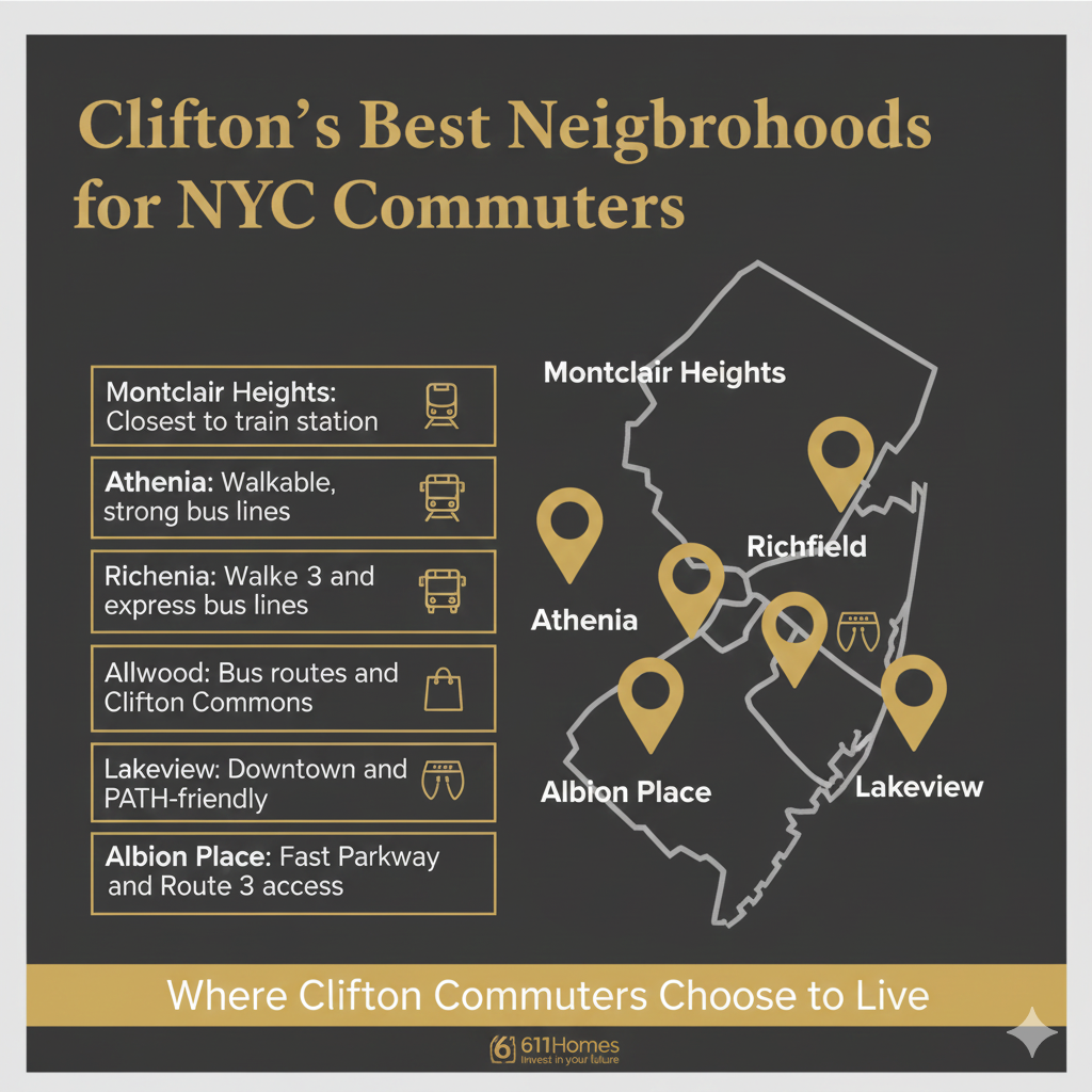 Map-style infographic showing Clifton’s best neighborhoods for NYC commuters, highlighting Montclair Heights, Athenia, Richfield, Allwood, Lakeview, and Albion Place with icons for train, bus, and highway access.