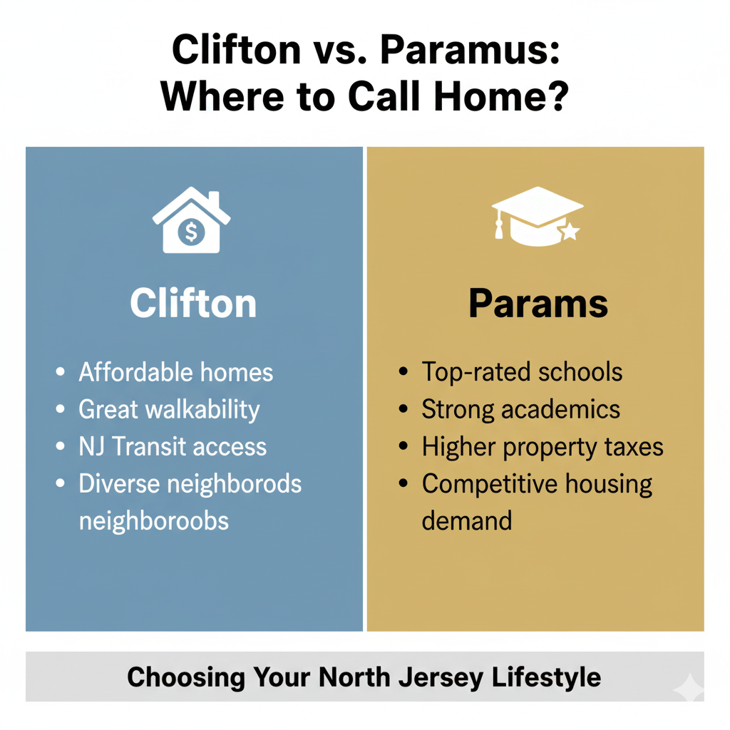 Clifton vs Paramus school district comparison graphic highlighting Clifton&rsquo;s affordable homes and transit access and Paramus&rsquo;s strong academics and higher housing demand.