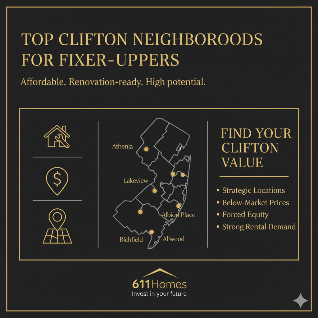 Top Clifton NJ neighborhoods for fixer uppers highlighted on a map, including Athenia, Lakeview, Richfield, Albion Place, and Allwood, showing strategic locations and renovation value.