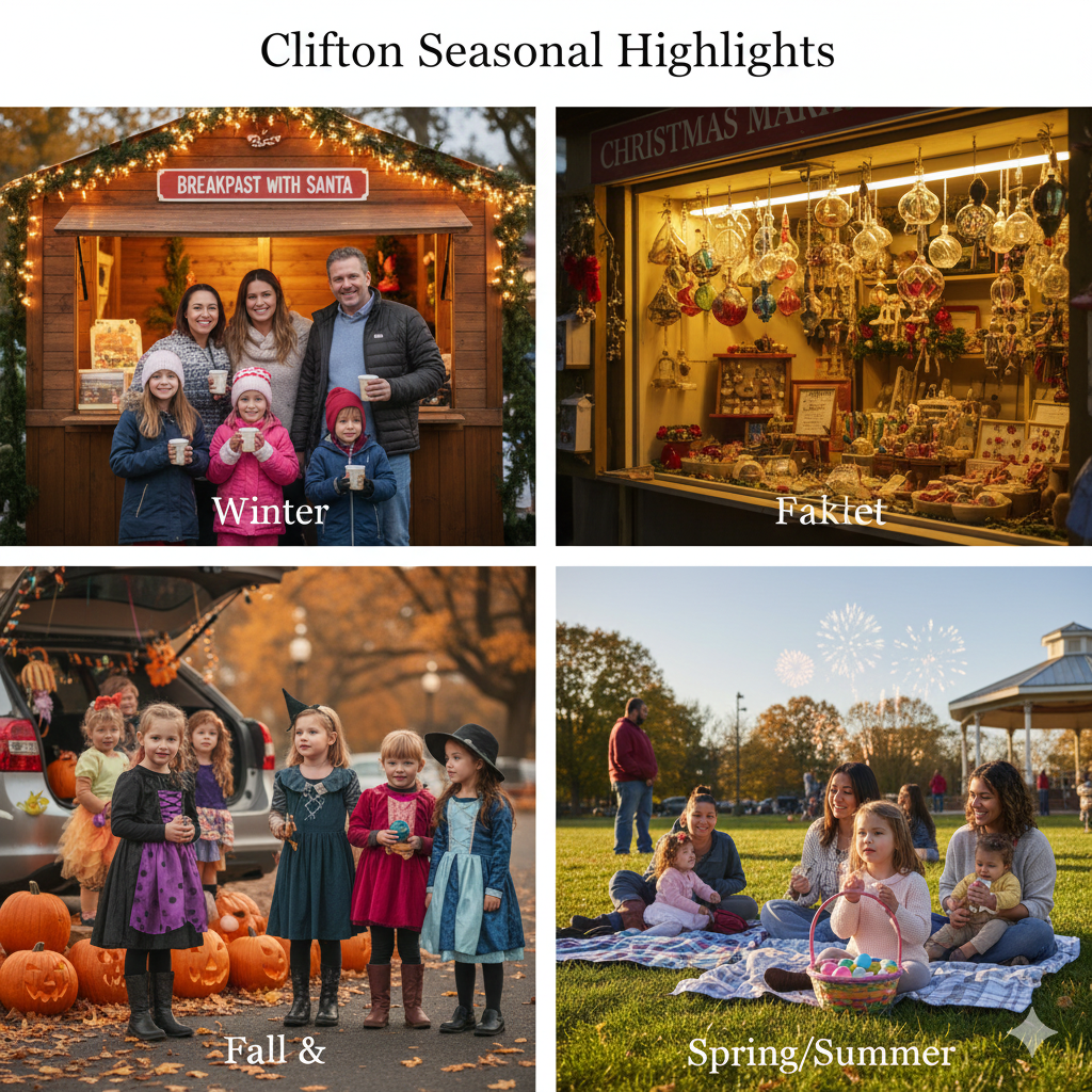 Four panel collage titled “Clifton Seasonal Highlights,” featuring a winter Breakfast with Santa family scene, a Christmas market booth with handmade ornaments, a fall trunk or treat event with children in costumes surrounded by pumpkins, and a spring or summer park gathering with families sitting on blankets and fireworks in the background.