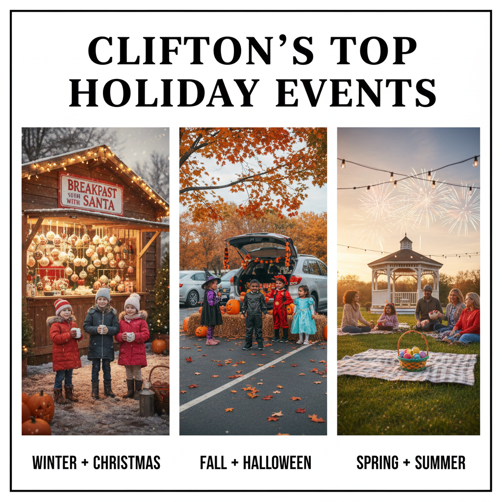 Collage of Clifton NJ top holiday events including Breakfast with Santa winter market, children in costumes at a fall Halloween trunk or treat event, and families enjoying a spring and summer picnic with fireworks near a gazebo. Seasonal community highlights in Clifton New Jersey.