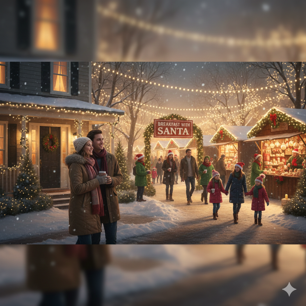 Couple standing outside a decorated Clifton style home on a snowy evening while families walk toward a festive Breakfast with Santa event, with holiday market booths, warm string lights, and children in winter outfits creating a cozy community holiday atmosphere.