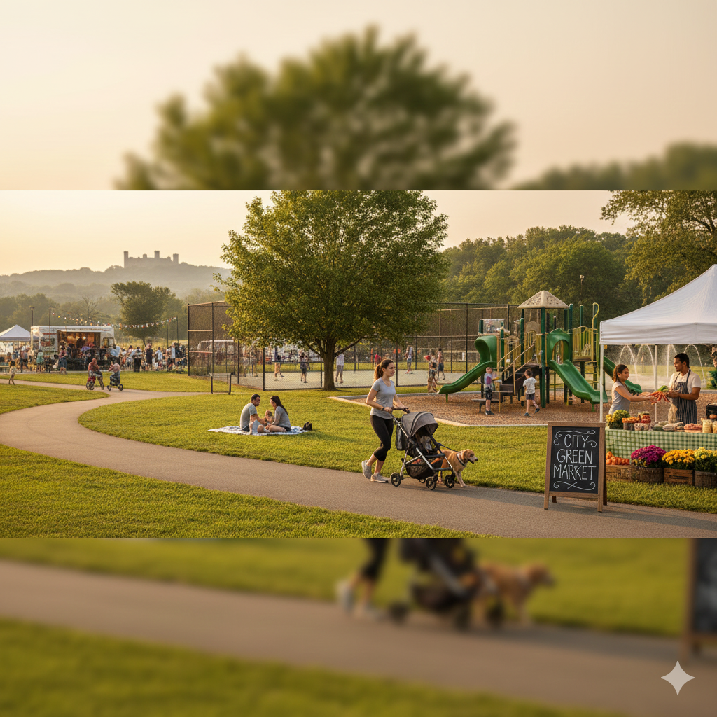 Clifton NJ outdoor scene with families walking paths, children playing on a playground, City Green Market produce stand, food trucks, basketball courts, and Lambert Castle in the distance showcasing top outdoor things to do in Clifton.