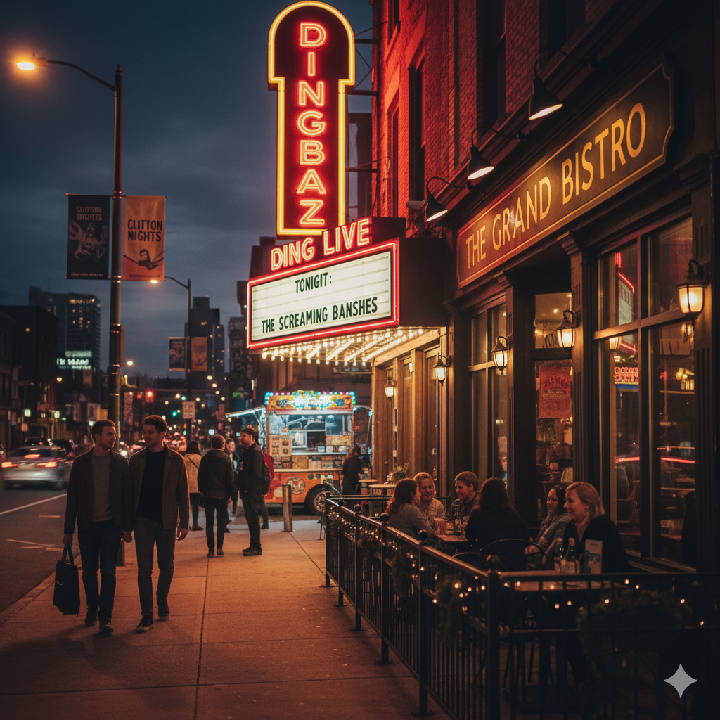 Nighttime street view of Clifton NJ nightlife with the Dingbatz live music marquee, people walking past restaurants with outdoor seating, and a food truck adding to the lively weekend atmosphere.