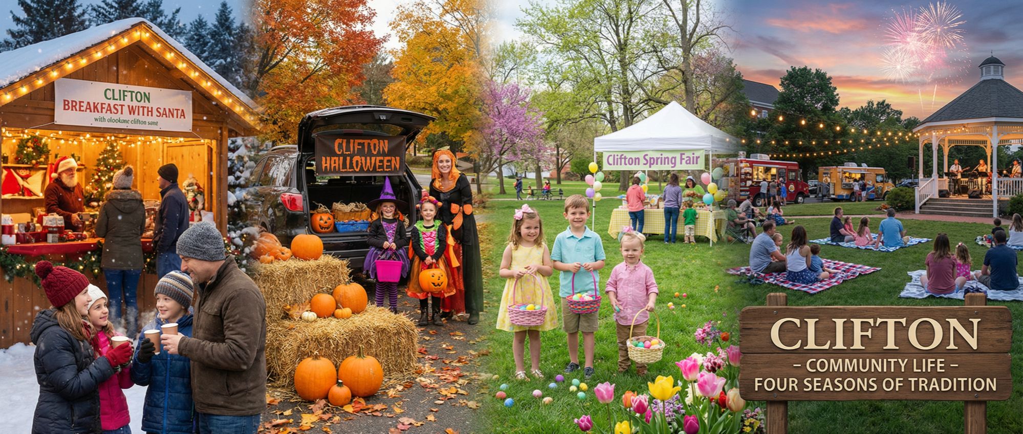 Four panel seasonal collage showing Clifton holiday events: a winter Breakfast with Santa booth with families in the snow, a fall trunk or treat Halloween setup with pumpkins and children in costumes, a spring fair with kids holding Easter baskets and families gathered under a tent, and a summer outdoor concert with food trucks, string lights, and fireworks at sunset.