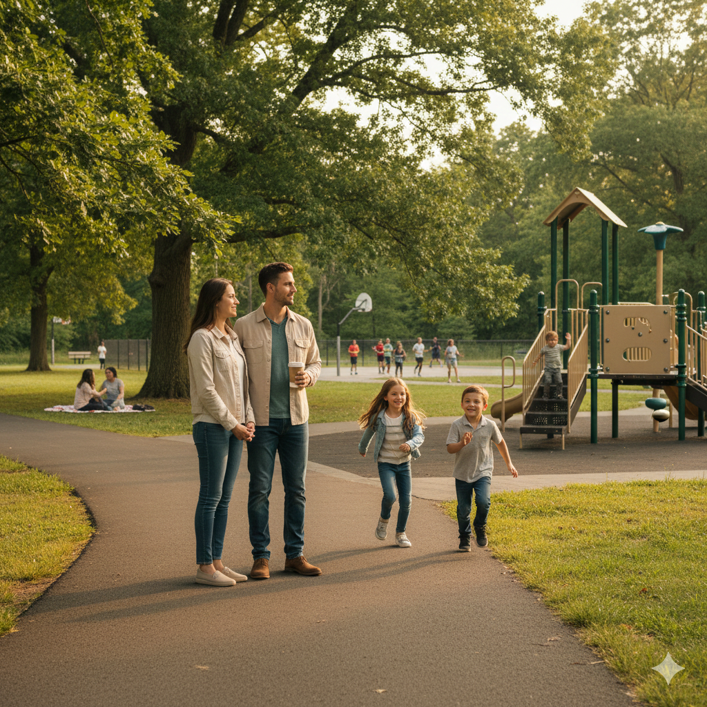 Young family exploring Weasel Brook Park in Clifton NJ with children running toward a playground, parents watching, and people playing basketball and picnicking in the background showcasing Clifton’s outdoor lifestyle.