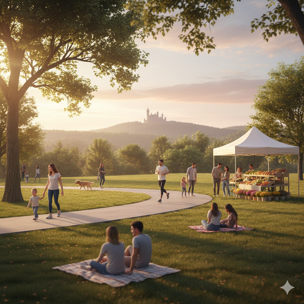 Families enjoying outdoor activities in a Clifton NJ park with walking paths, joggers, picnic blankets, a small farmers market tent, and scenic rolling hills in the background representing Clifton’s outdoor lifestyle.