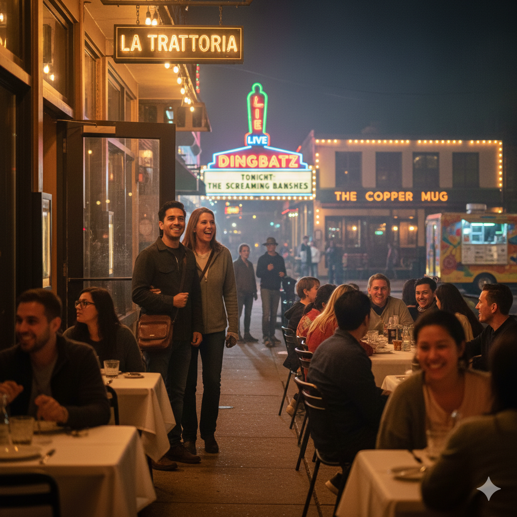 Couple stepping out of a Clifton restaurant at night with outdoor diners, the Dingbatz live music marquee glowing in the background, and a lively street filled with people enjoying Clifton NJ nightlife.