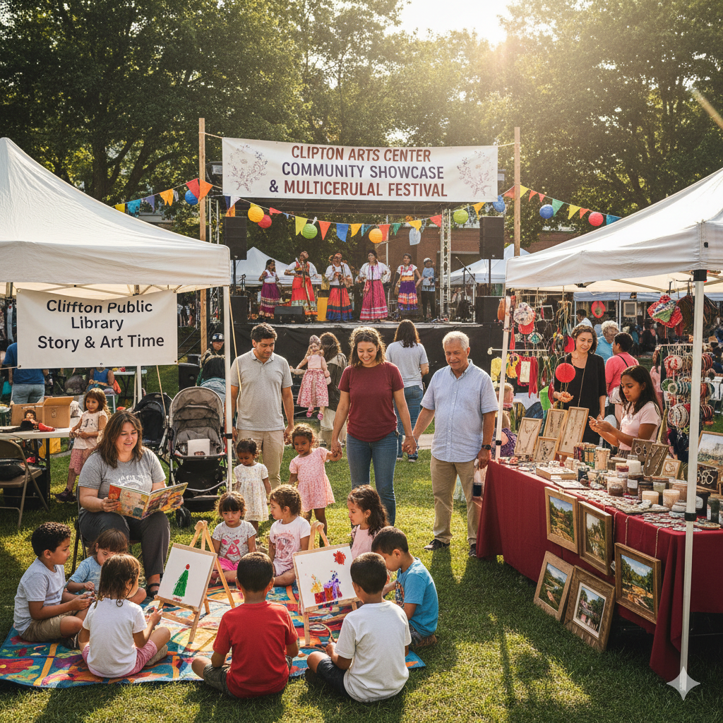 Families and children enjoying a Clifton community event featuring a multicultural festival stage, Clifton Arts Center showcase, Clifton Public Library story and art activities, and local craft vendors at an outdoor park.