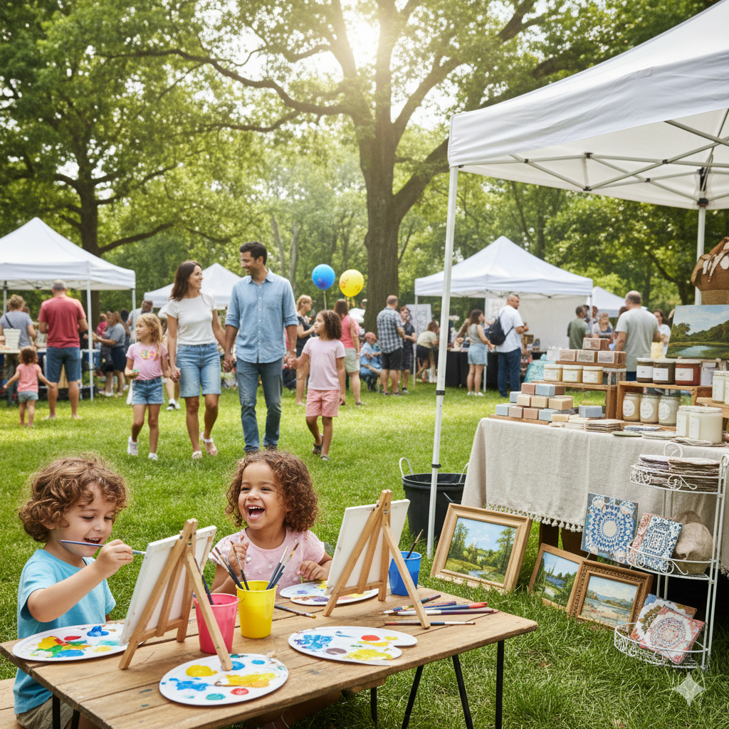 Children painting at a community art table during an outdoor craft fair in Clifton, NJ, with families walking by local vendor tents and enjoying a sunny cultural event in the park.