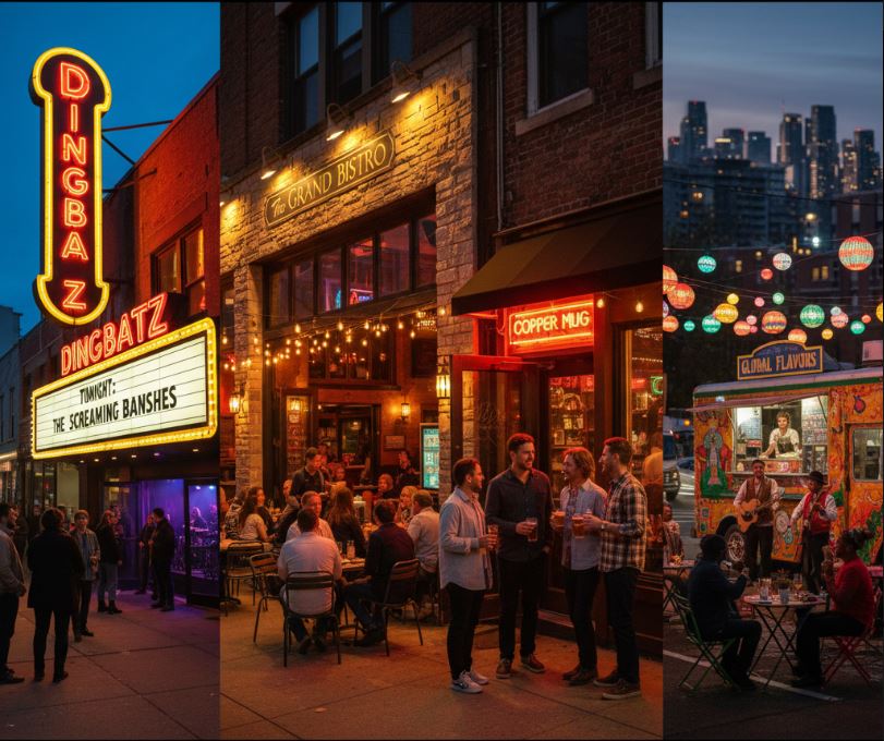 Triple panel image showing Clifton NJ nightlife: the Dingbatz live music venue with a glowing marquee, a busy restaurant and bar scene with outdoor diners, and a colorful food truck area decorated with lanterns and people enjoying evening entertainment.