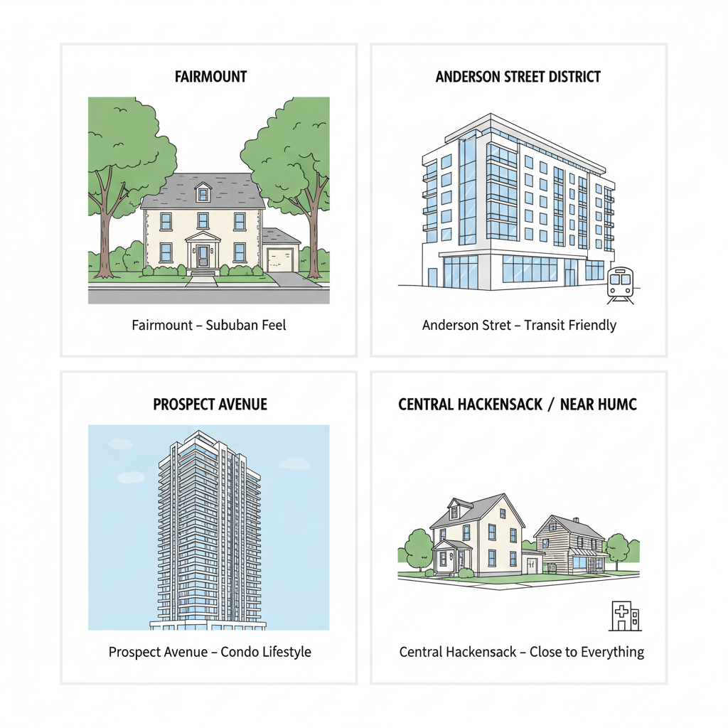 Hackensack neighborhoods for school access including Fairmount, Anderson Street, Prospect Avenue, and Central Hackensack.