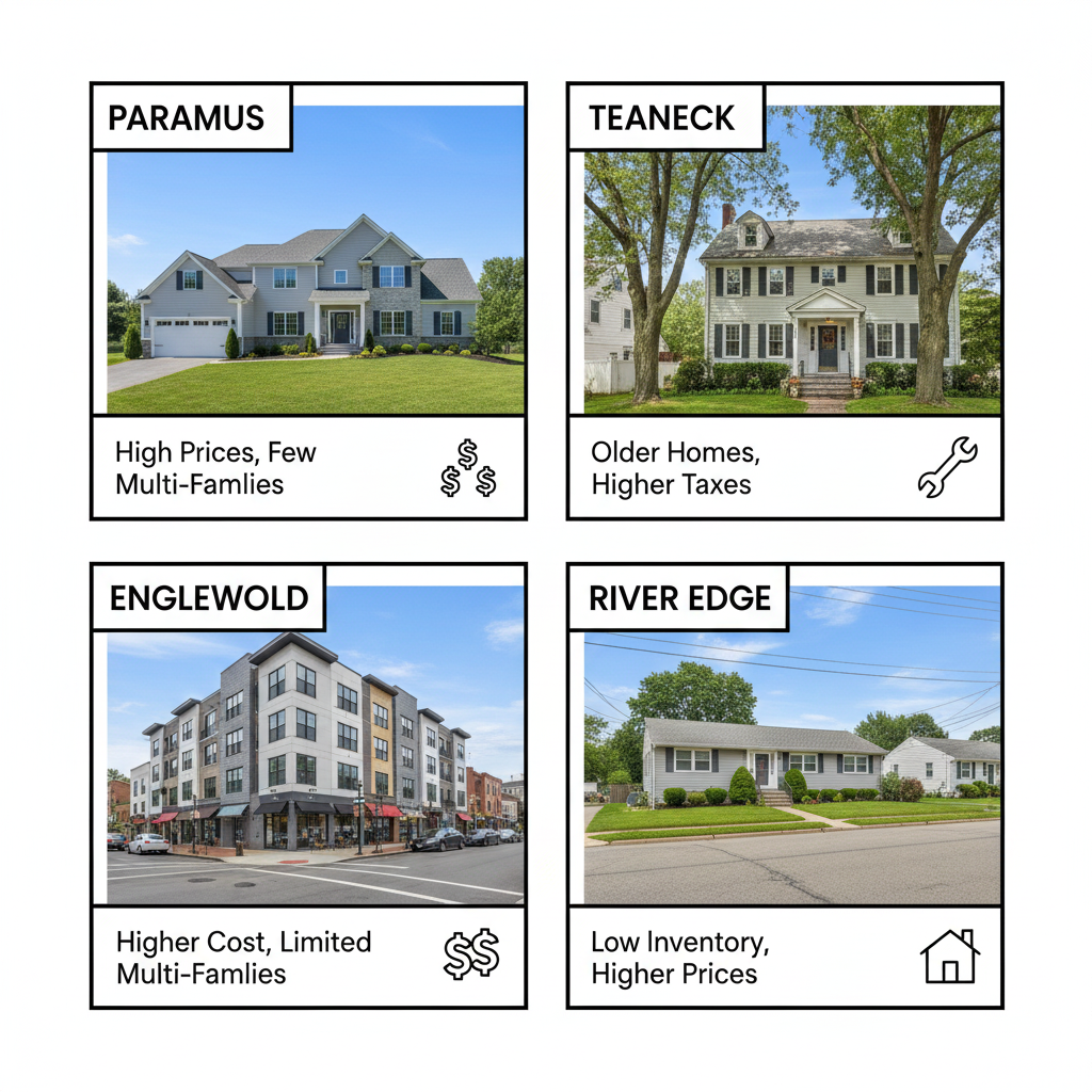 Four-panel graphic comparing Paramus, Teaneck, Englewood, and River Edge for homebuyers. Paramus shows a large modern home labeled high prices and few multi-families. Teaneck features an older colonial labeled older homes and higher taxes. Englewood shows a mid-rise apartment building labeled higher cost and limited multi-families. River Edge displays a suburban ranch home labeled low inventory and higher prices.