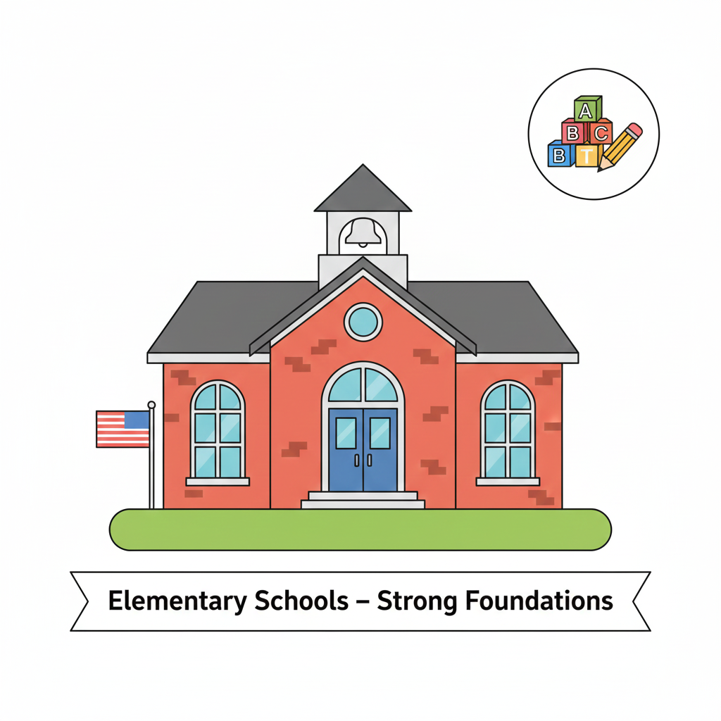 Illustration of a red brick elementary school building with a bell tower, arched windows, and an American flag, with an icon of ABC blocks and a pencil in the corner. A banner below reads Elementary Schools, Strong Foundations.