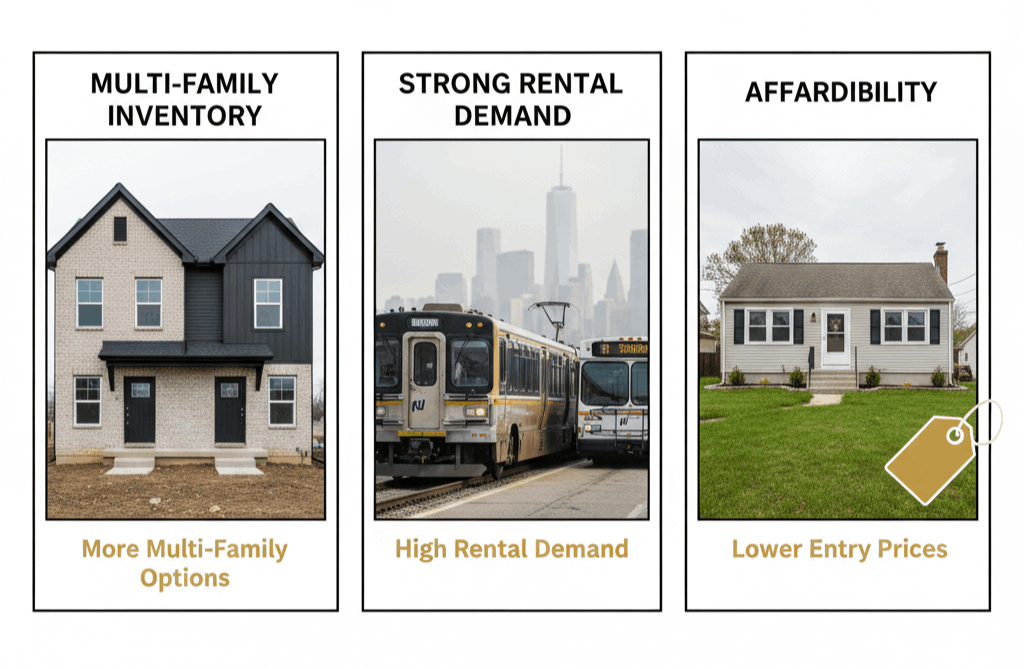 Three-panel graphic showing why Hackensack offers strong value for homebuyers. The first panel displays a modern two-family home labeled more multi-family options. The second panel shows an NJ Transit bus and train with the New York City skyline, labeled high rental demand. The third panel features an affordable single-family home with a price tag icon, labeled lower entry prices.
