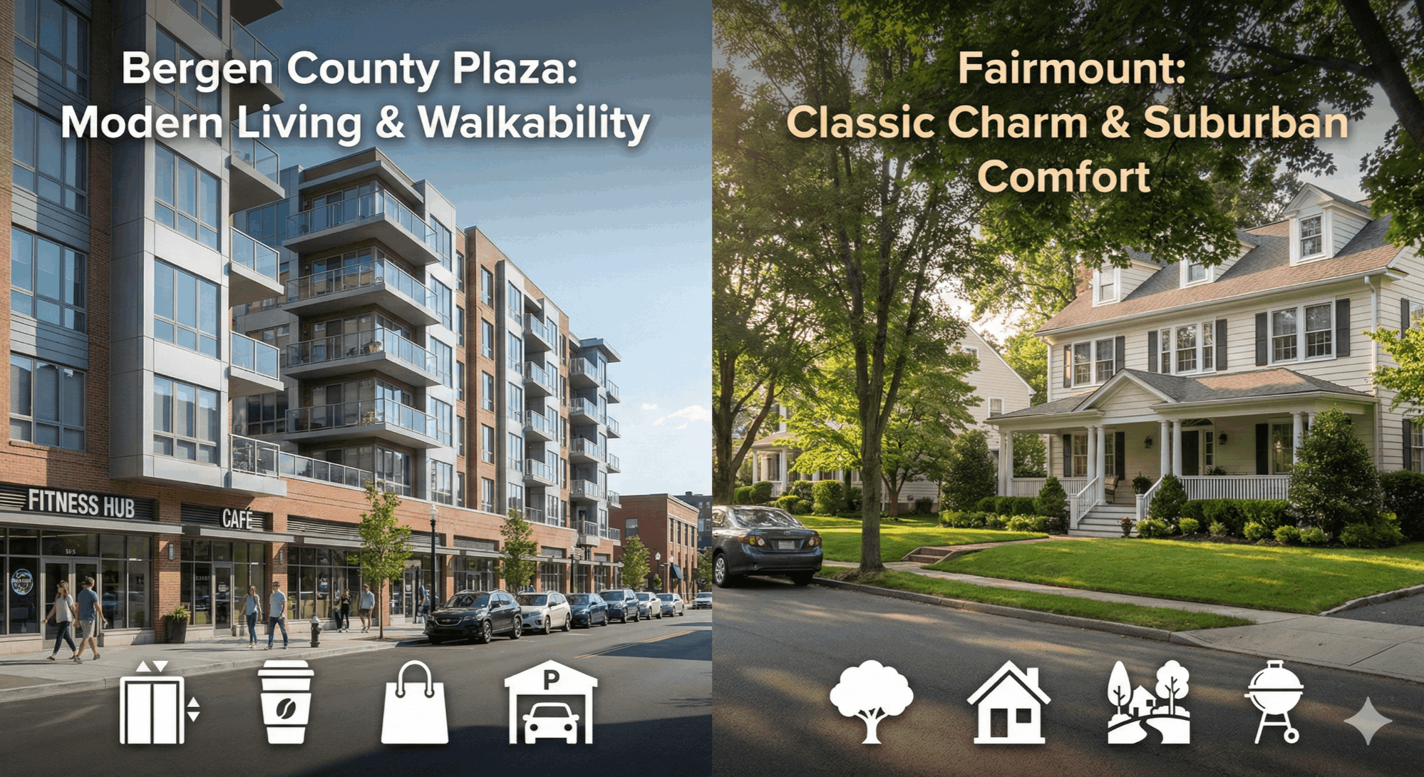 Side-by-side comparison of Bergen County Plaza condos and Fairmount’s classic single-family homes, showing modern walkable living on the left and suburban charm on the right with lifestyle icons.