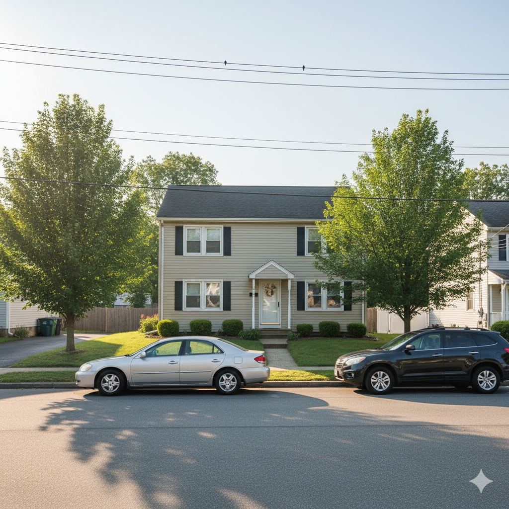 Quiet residential street in South Hackensack featuring a two story single family home, parked cars, mature trees, and a calm suburban atmosphere.