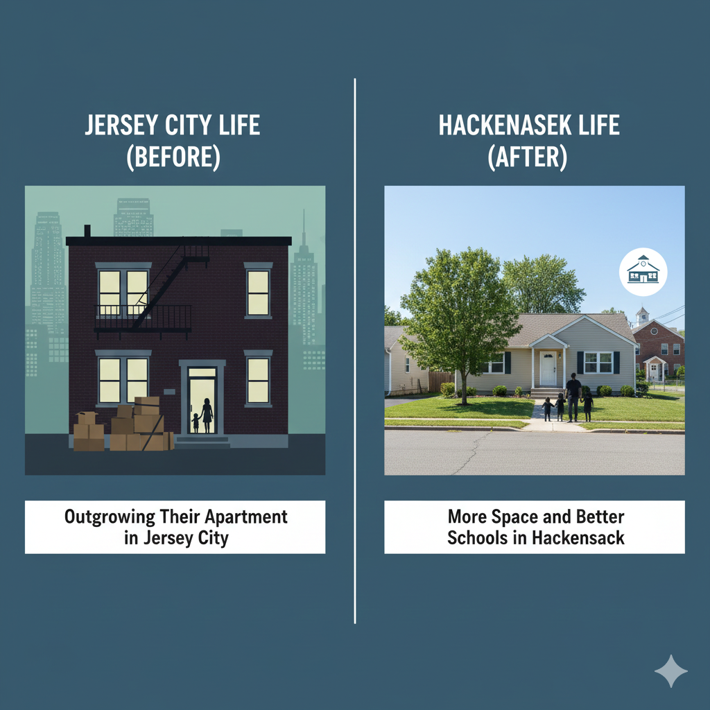 Side by side comparison graphic showing a family outgrowing a small Jersey City apartment on the left and moving to a single family home in Hackensack on the right. The left panel shows a dark brick apartment building with moving boxes labeled Outgrowing Their Apartment in Jersey City. The right panel shows a suburban Hackensack home with a family walking toward it, labeled More Space and Better Schools in Hackensack.