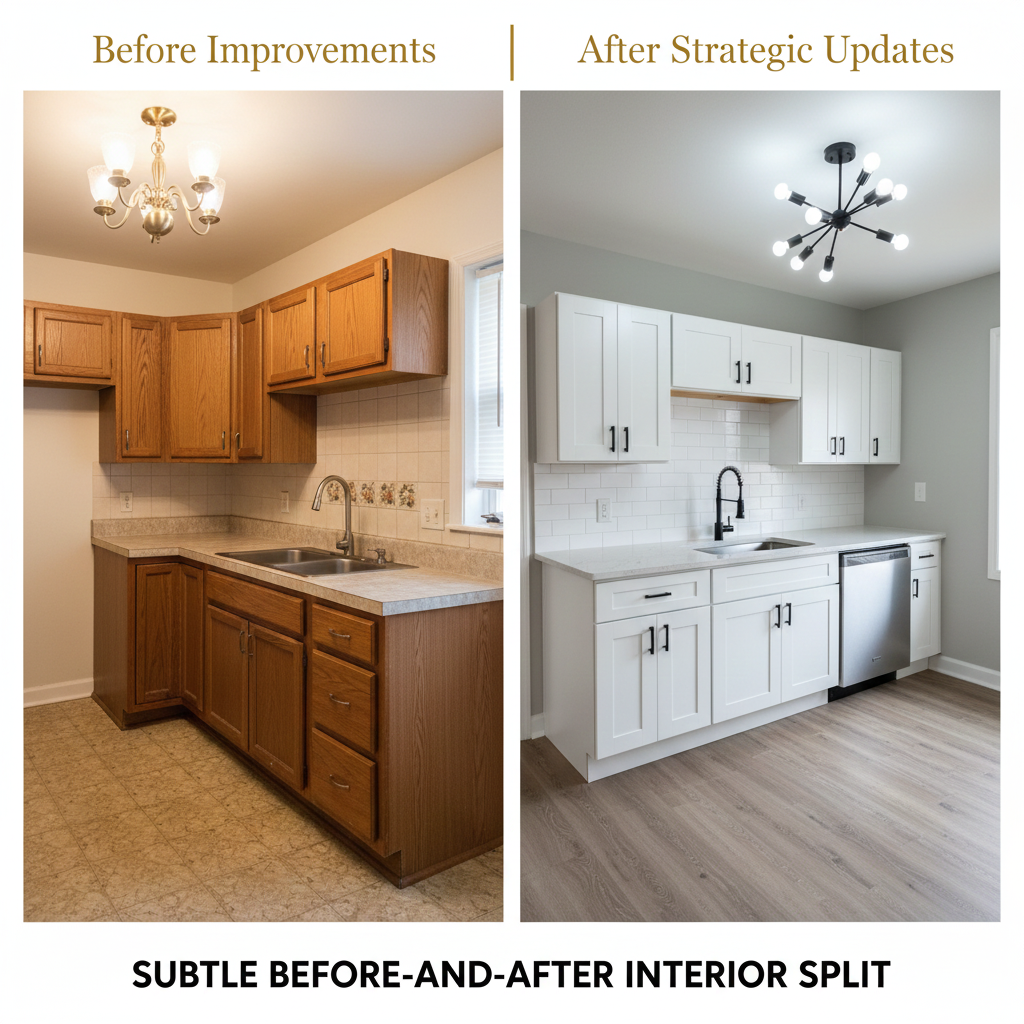 Side-by-side interior comparison of a multi-family kitchen before improvements and after strategic updates, showing outdated cabinets replaced with modern white cabinetry, new lighting, and upgraded finishes in a Hackensack investment property.